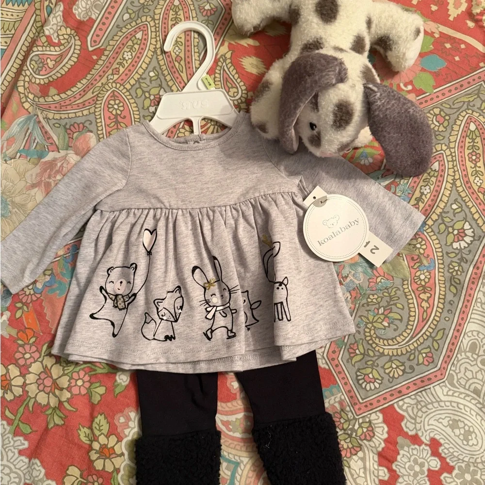 Gray top with bunnies and black bottom Set and Stuffed Bunny  0-3mo NWT